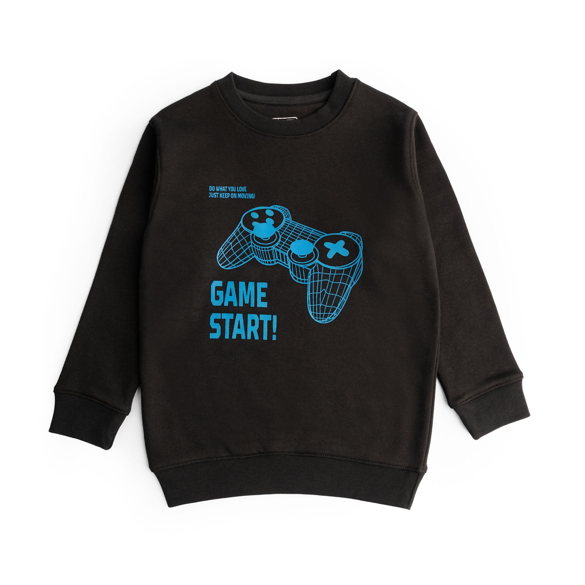 Black fleece sweatshirt for boys featuring an electric blue gaming controller and Game Start graphic with ribbed neckline, cuffs and hem.