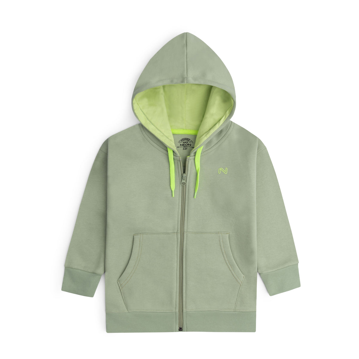 Sage green fleece zip hoodie for kids featuring neon green hood lining and drawstrings, an embroidered chest logo, front pockets and ribbed trims.