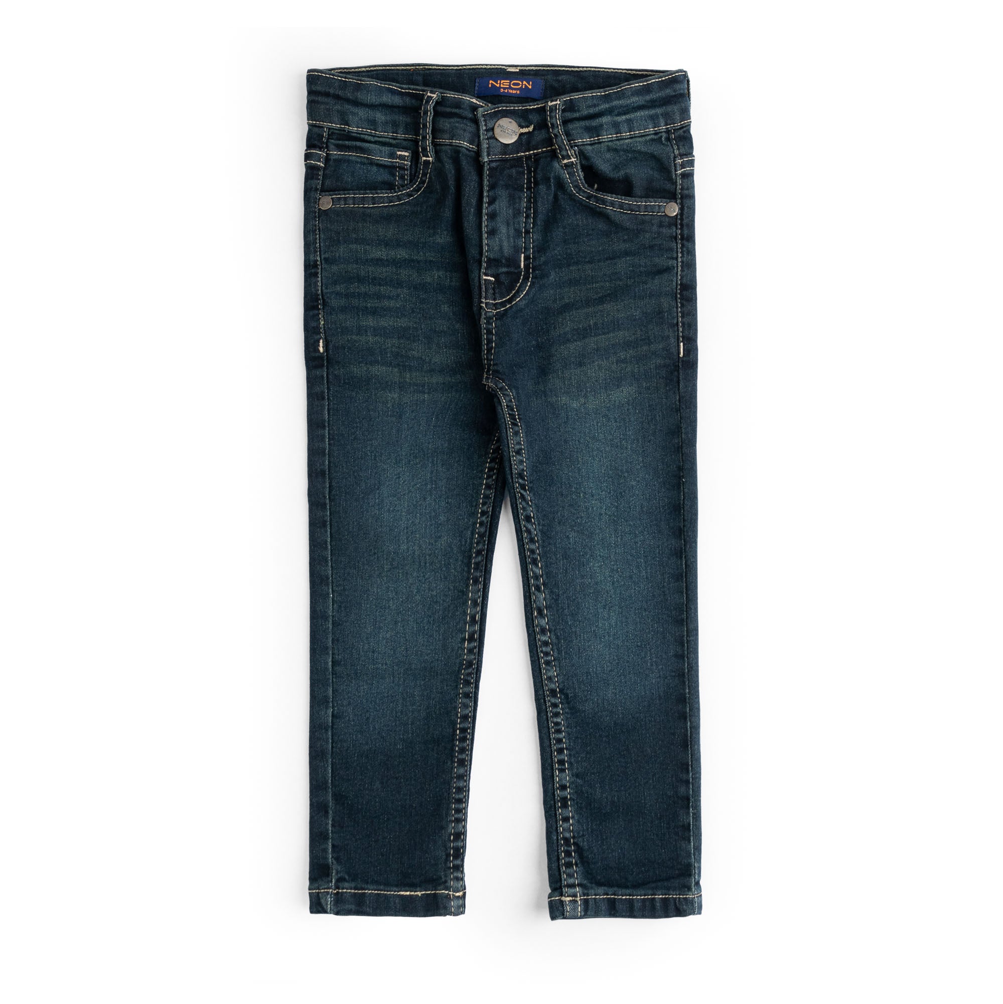 Vintage dark wash denim for kids with a slim fit, faded detailing, button fastening, belt loops and five-pocket design.