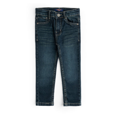 Vintage dark wash denim for kids with a slim fit, faded detailing, button fastening, belt loops and five-pocket design.