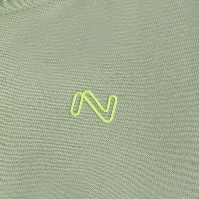 Close-up of the neon green embroidered logo on the sage fleece zip hoodie for boys and girls.