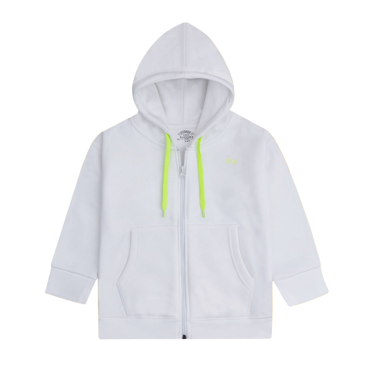 White fleece zip-up hoodie for boys and girls featuring neon green drawstrings, an embroidered chest logo, front pockets and ribbed trims.