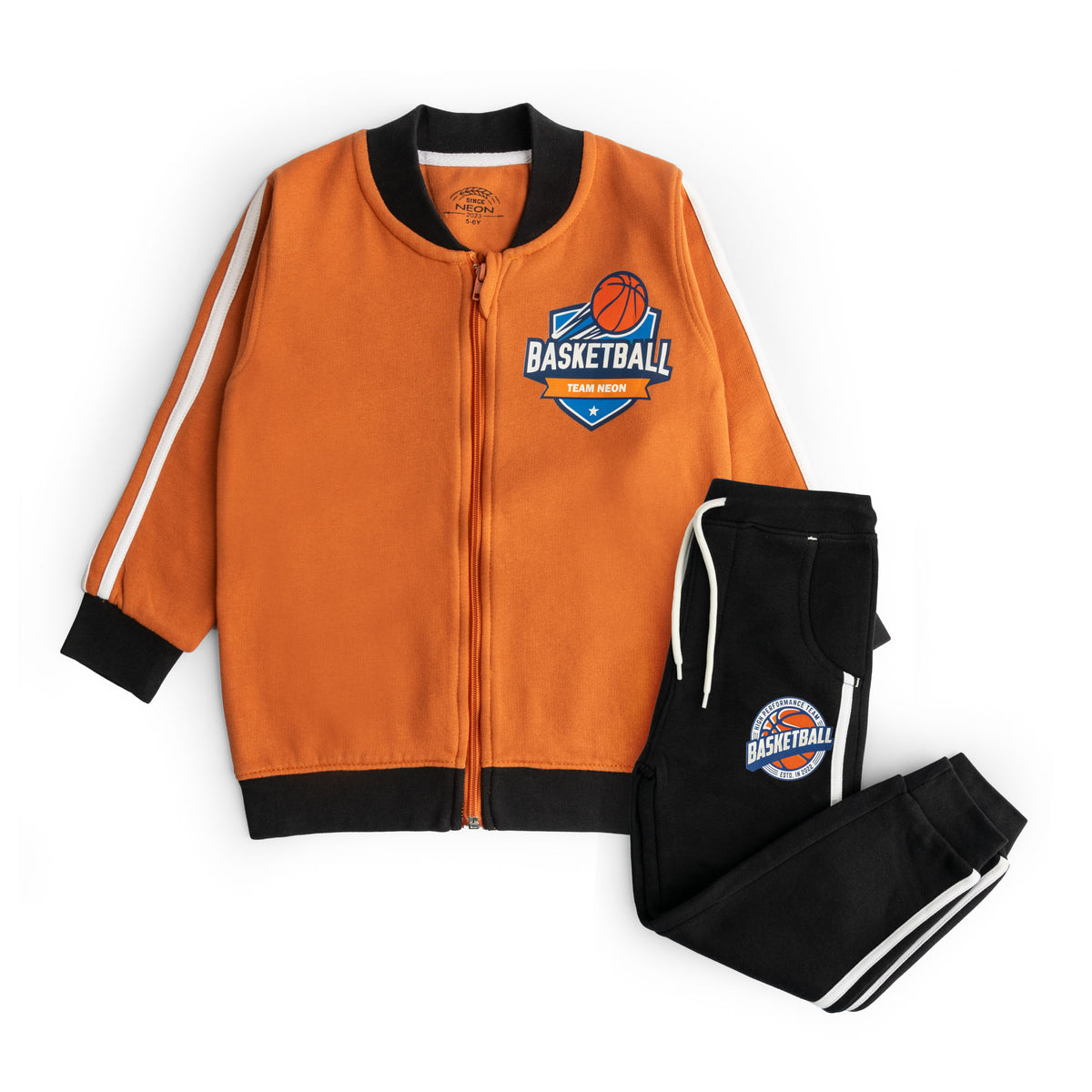 Boys rust basketball bomber jacket and black jogger set