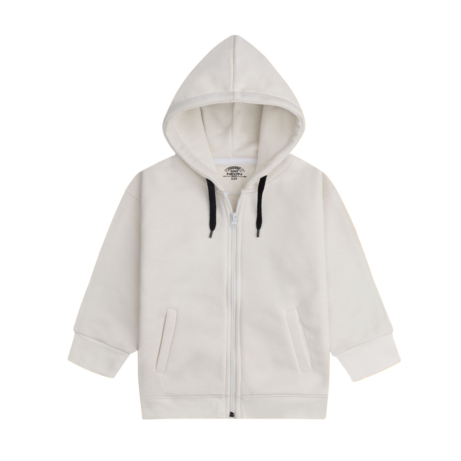 Front view of the boys off white fleece hoodie featuring a zip-up fastening, black drawstrings, front pockets and ribbed trims.