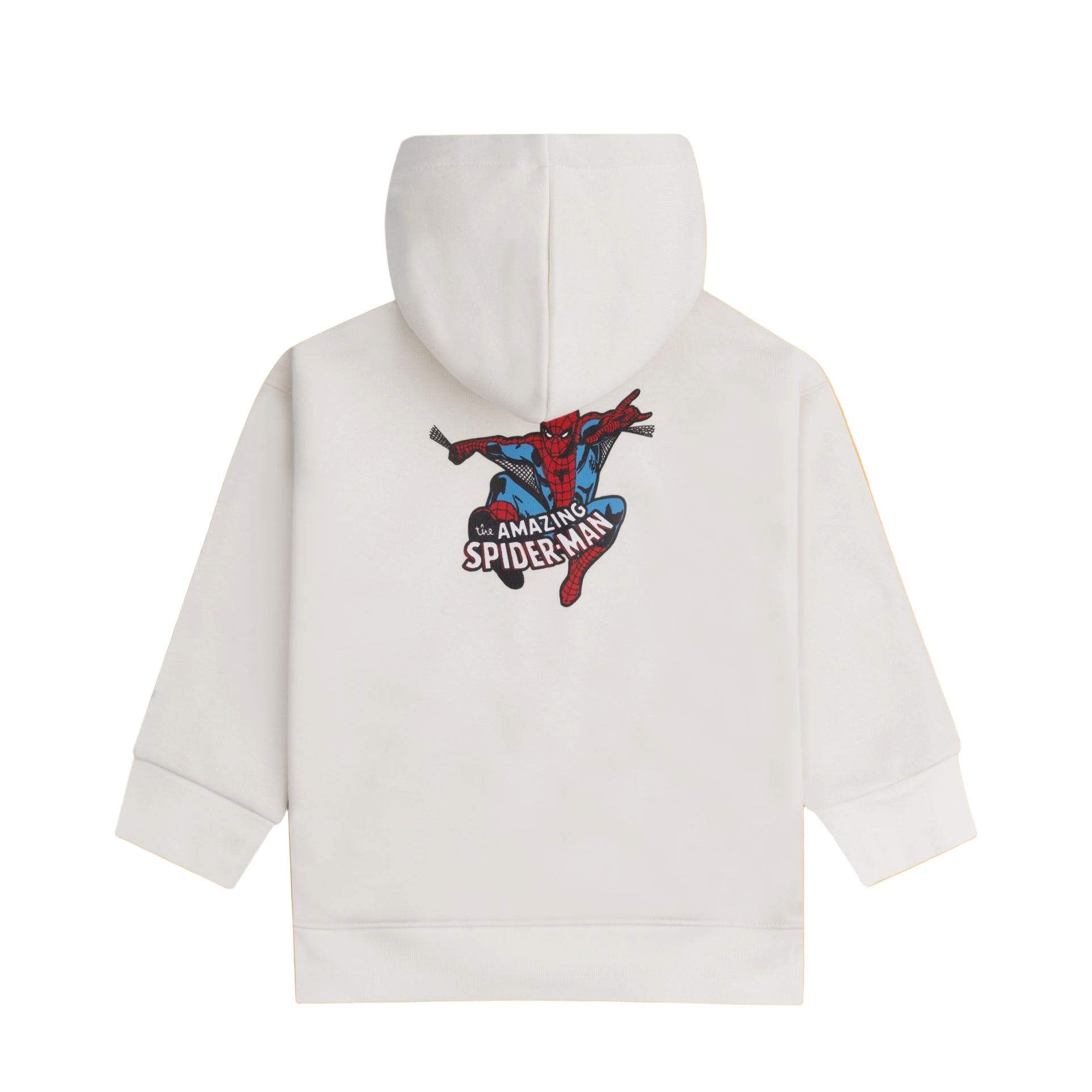 Back view of the boys off white fleece hoodie showing the colorful Amazing Spider-Man graphic.