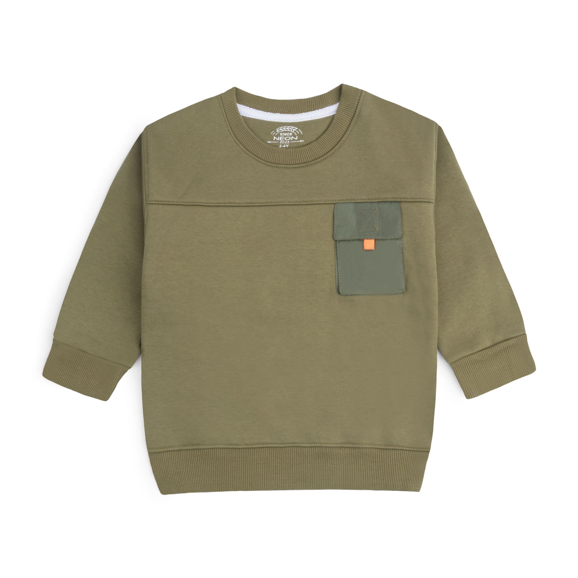 Olive green fleece sweatshirt for boys featuring a contrast flap chest pocket, orange pull tab, front yoke seam and ribbed trims.