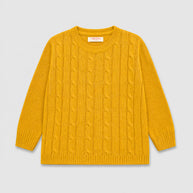 Front view of a mustard yellow cable-knit dress sweater for girls, featuring a crew neckline, detailed cable pattern, long sleeves and ribbed edges.