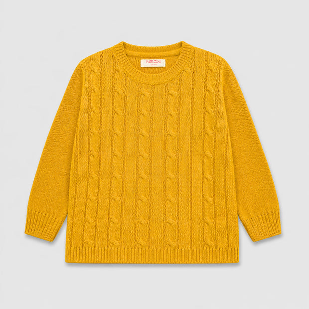 Front view of a mustard yellow cable-knit dress sweater for girls, featuring a crew neckline, detailed cable pattern, long sleeves and ribbed edges.