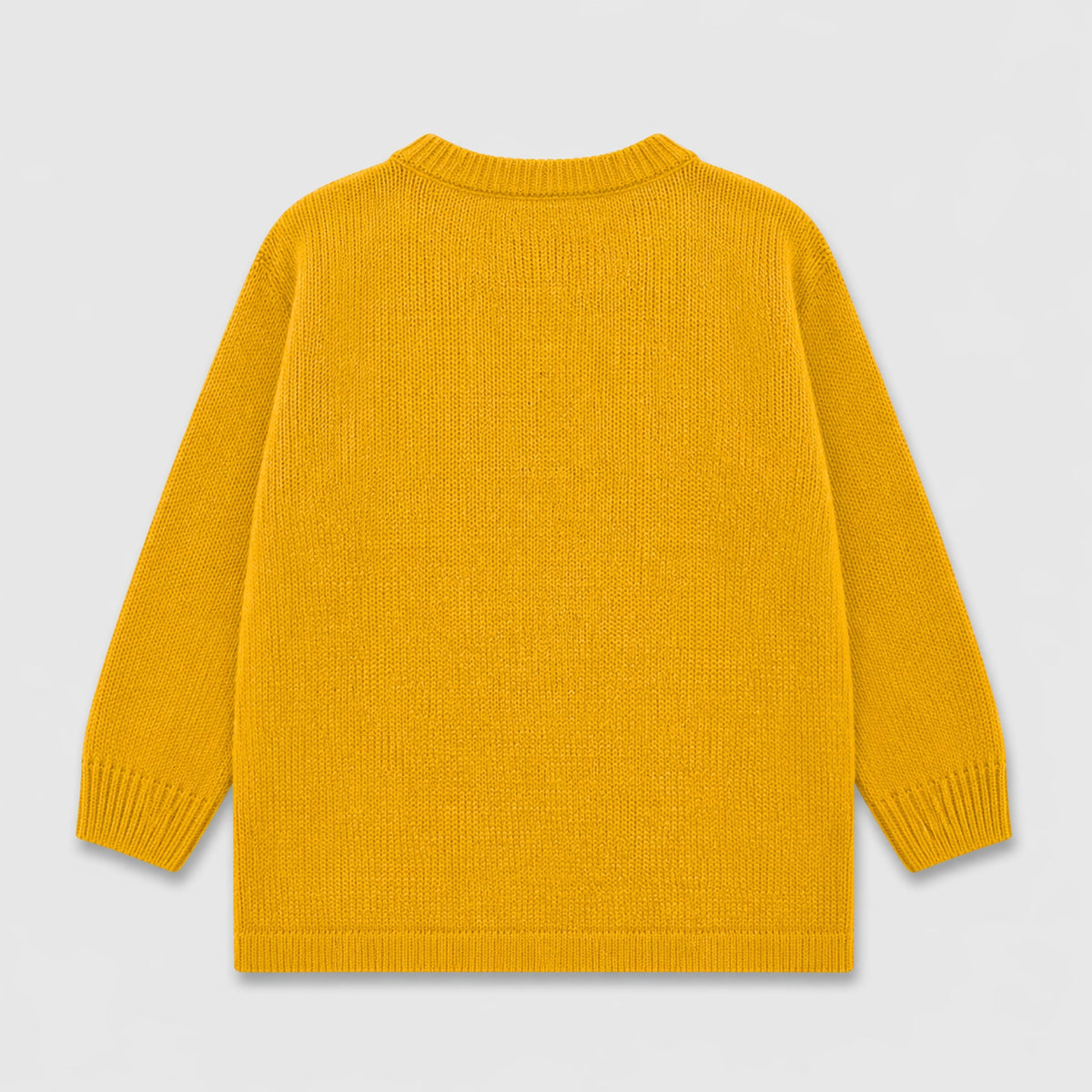 Back view of the mustard yellow acrylic sweater for girls, showing a plain knit design, long sleeves and ribbed neckline, cuffs and bottom edge.
