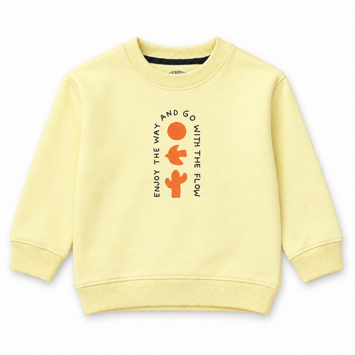 Front view of boys yellow fleece sweatshirt with orange graphic and slogan detail