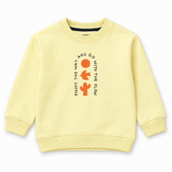 Front view of boys yellow fleece sweatshirt with orange graphic and slogan detail