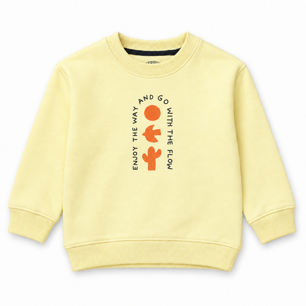 Front view of boys yellow fleece sweatshirt with orange graphic and slogan detail