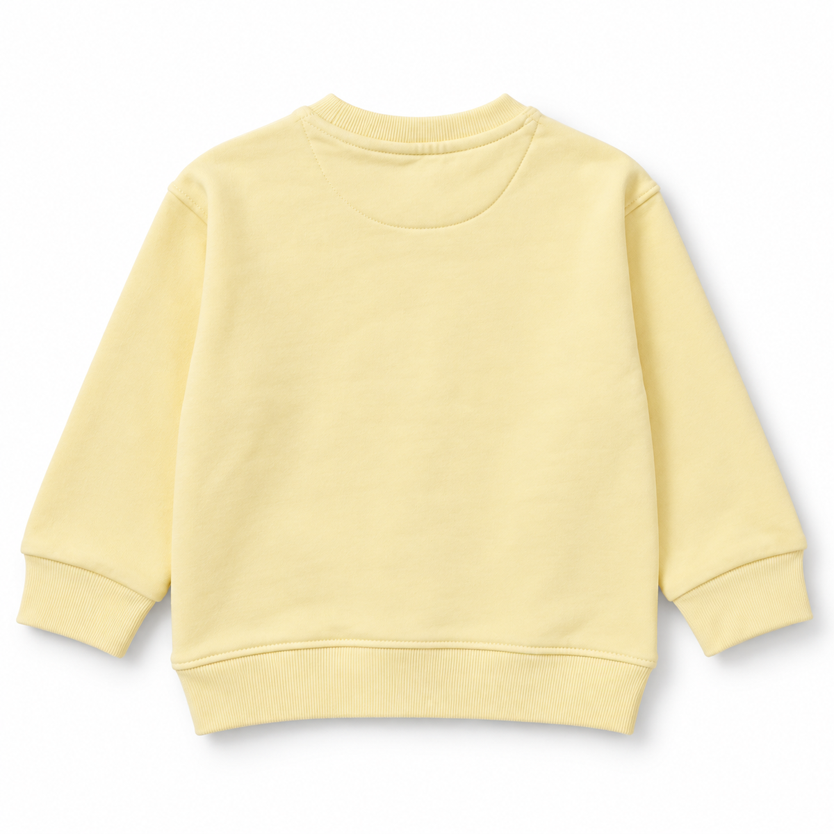 Back view of boys plain yellow fleece sweatshirt with ribbed neckline, cuffs and hem
