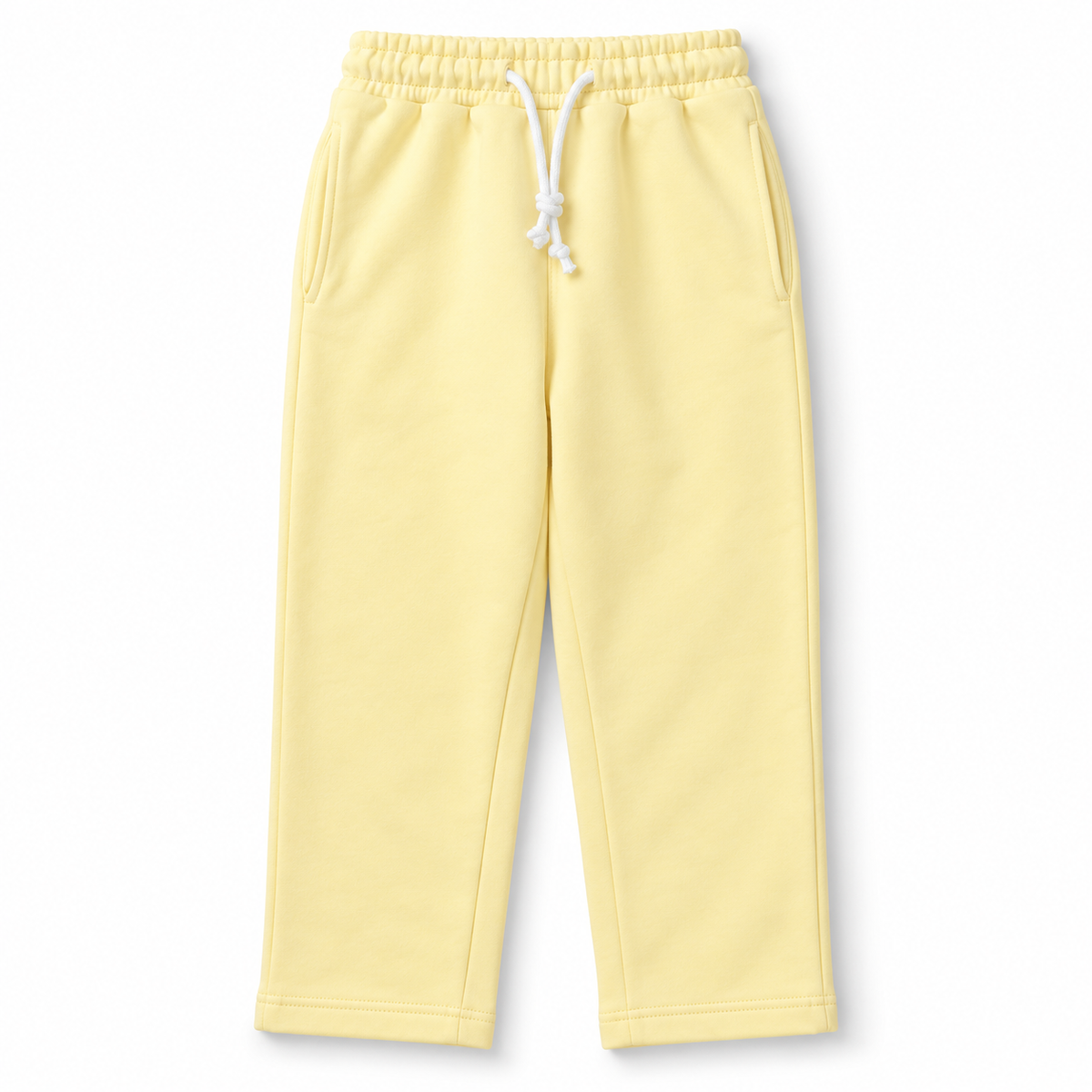 Front view of boys yellow fleece trousers with side pockets and white drawstring waist