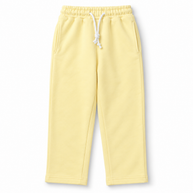 Front view of boys yellow fleece trousers with side pockets and white drawstring waist