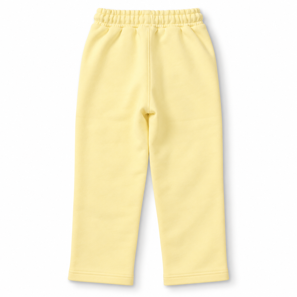 Back view of boys yellow fleece straight-leg trousers with elasticated waistband