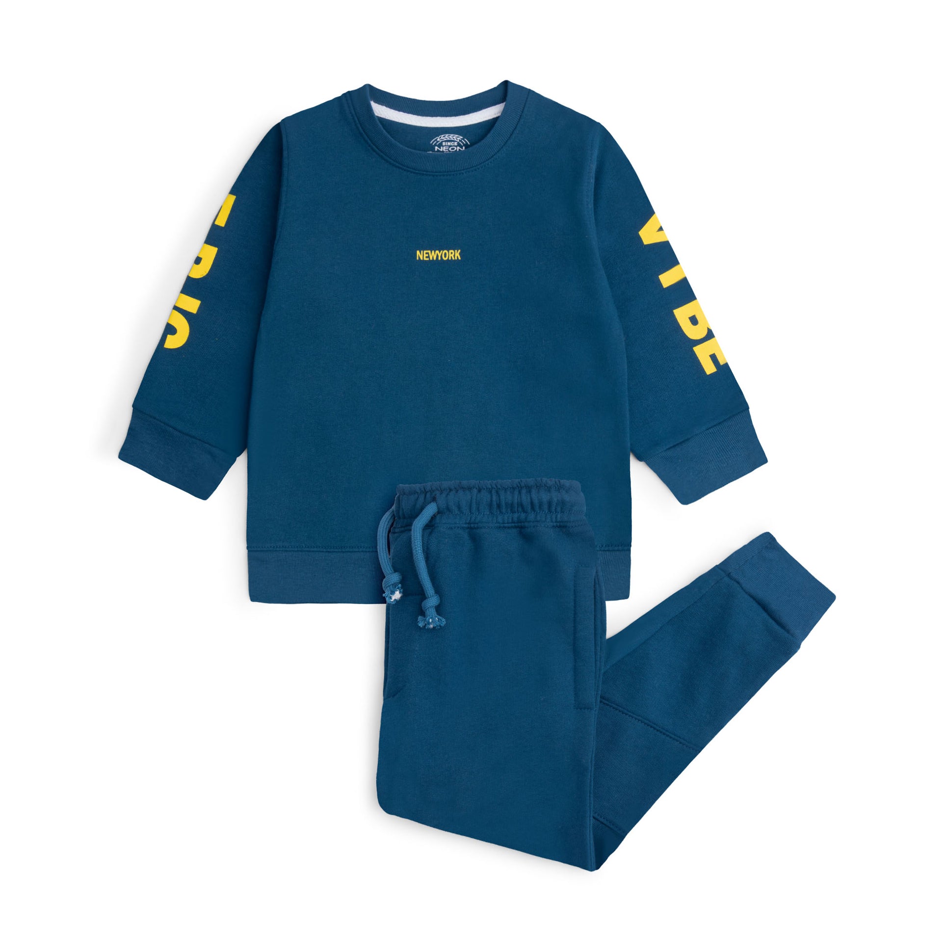 Boys deep teal New York sweatshirt and jogger set with yellow lettering