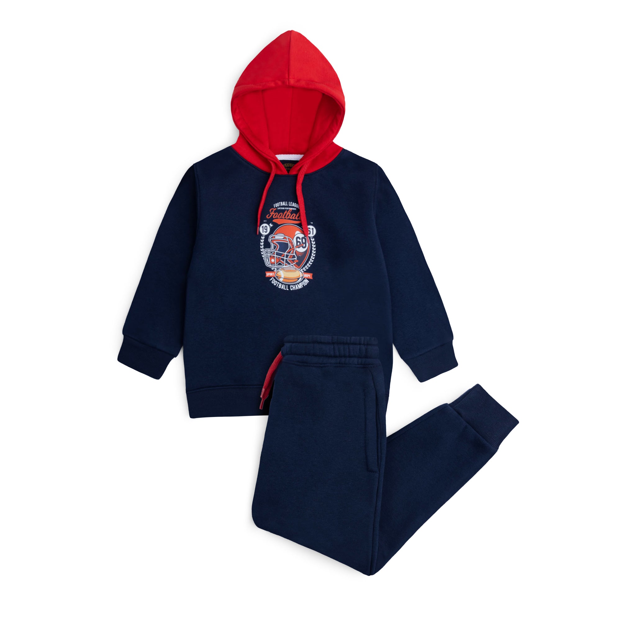 Navy boys’ fleece hoodie and jogger set with a contrast red hood, drawstrings and football graphic on the front.