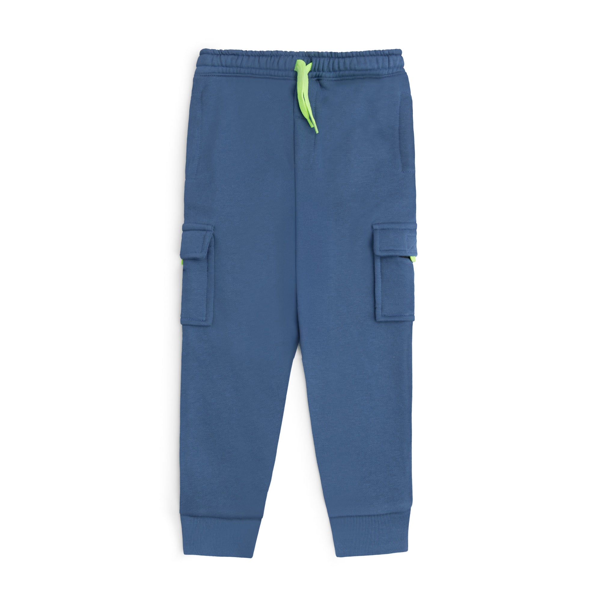Slate blue fleece cargo joggers for boys with a neon green drawstring, flap side pockets and ribbed ankle cuffs.