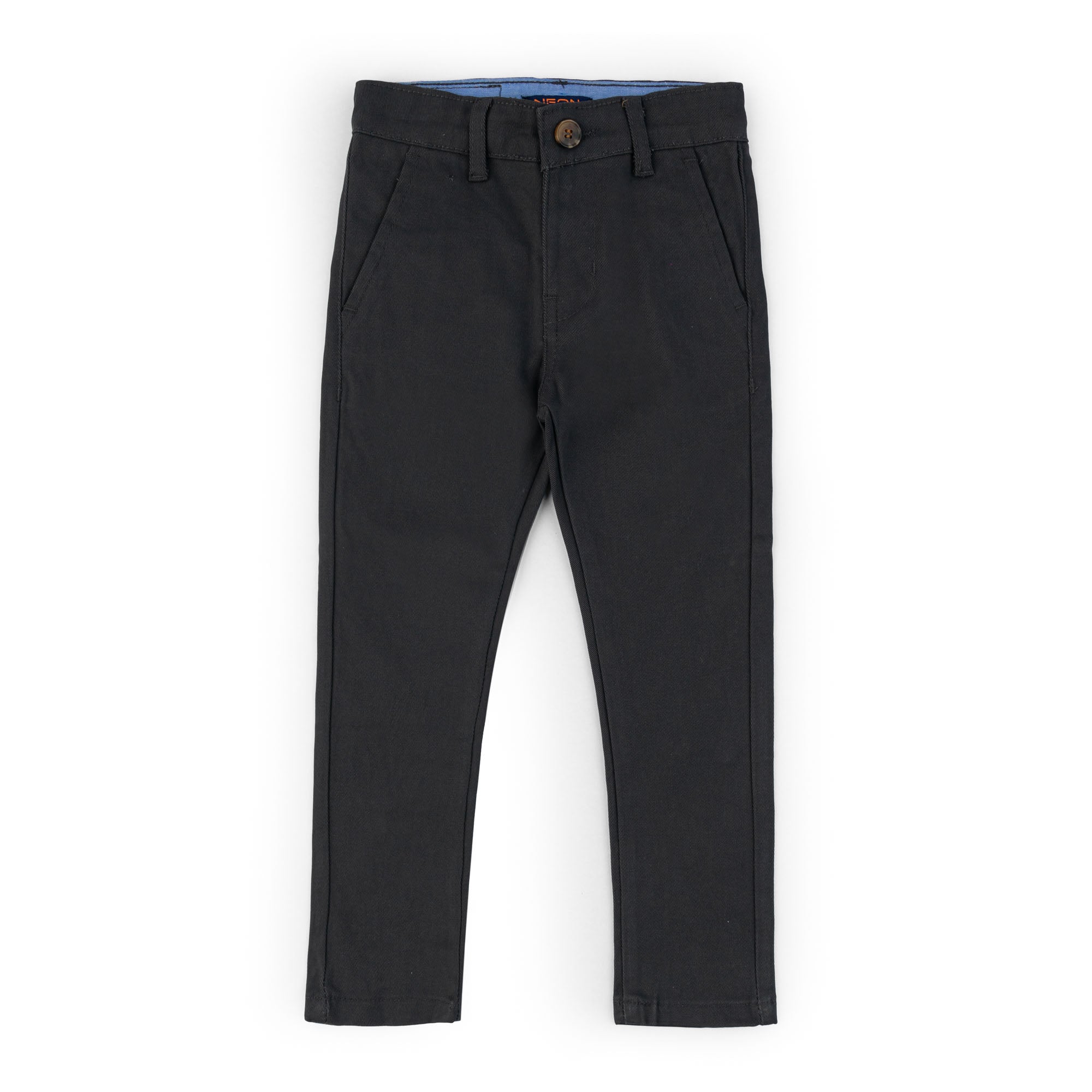 Charcoal regular fit twill pants for kids with button fastening, belt loops, slanted front pockets and a straight-leg design.