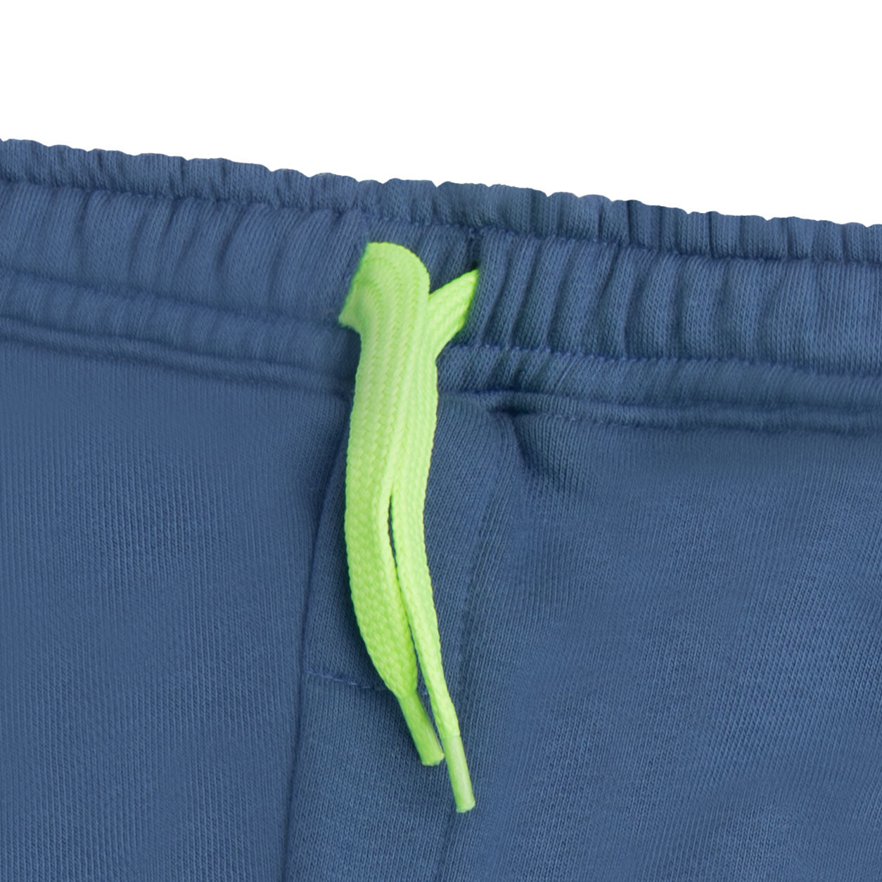Close-up of the elasticated waistband and neon green drawstring on the boys slate blue cargo joggers.