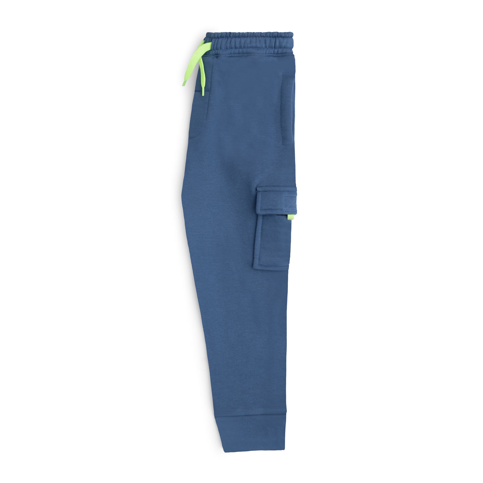 Side view of the boys slate blue fleece joggers showing the flap cargo pocket and ribbed ankle cuff.