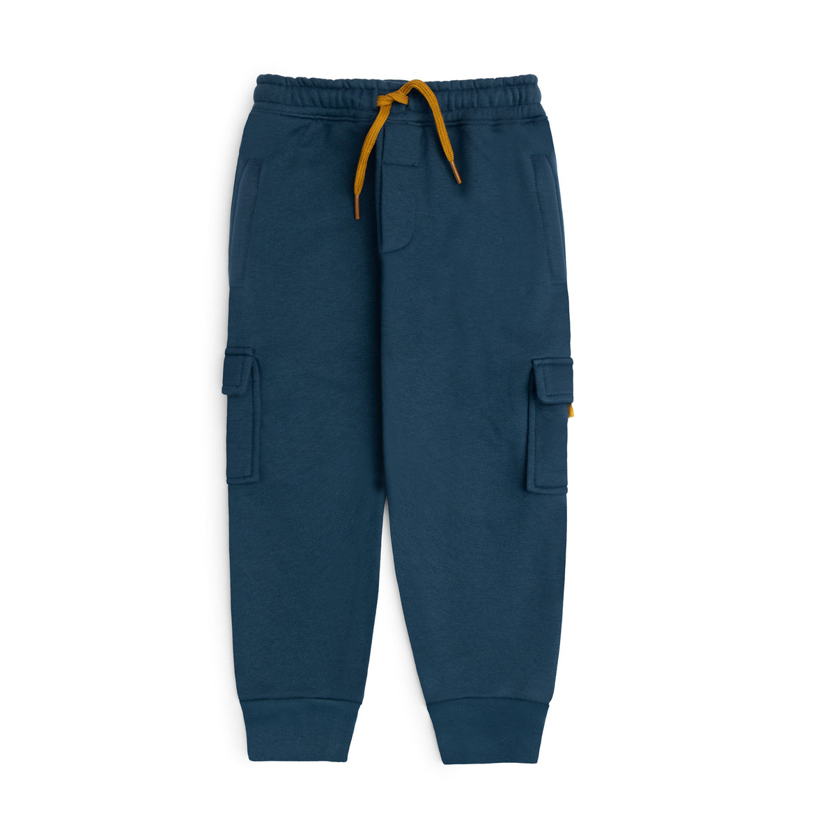 Deep teal cargo joggers for boys with a mustard drawstring, elasticated waist, flap pockets and ribbed ankle cuffs.