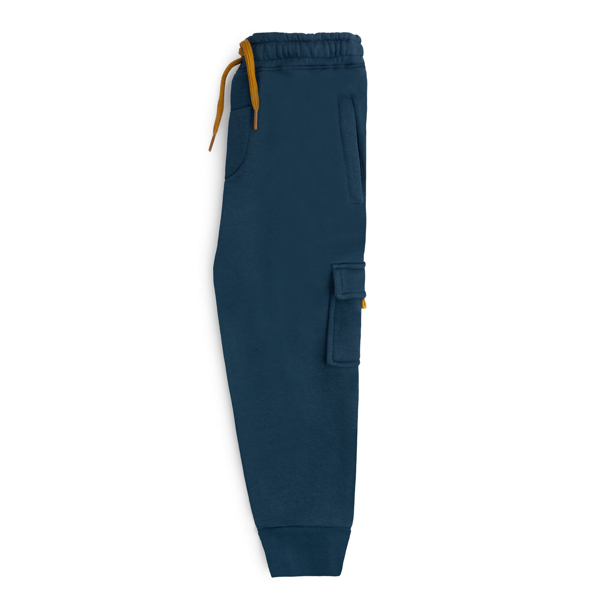 Side view of the deep teal boys cargo joggers showing the side pocket, flap cargo pocket and ribbed ankle cuff.