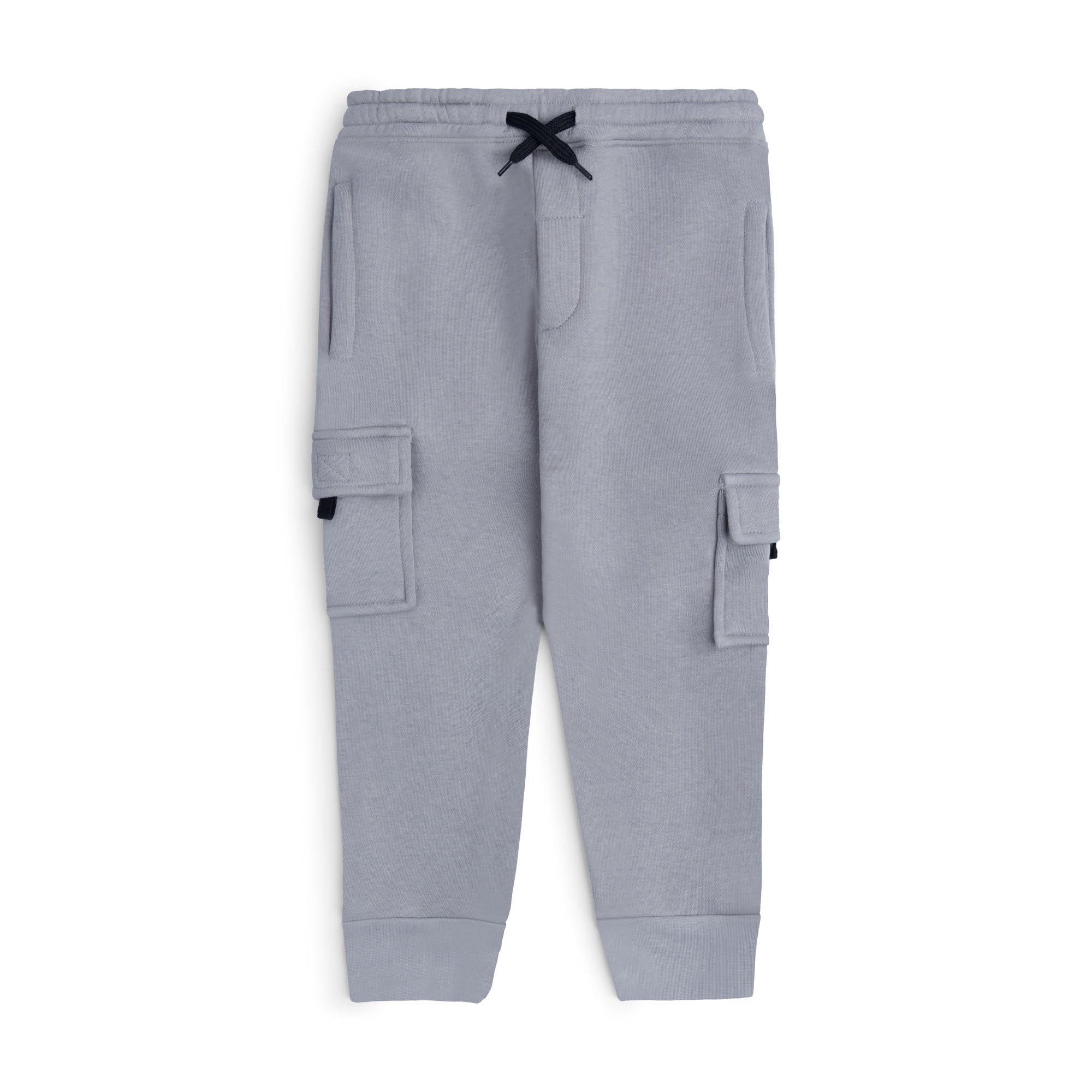 Light grey cargo joggers for boys with a black drawstring, elasticated waist, side pockets and flap cargo pockets.