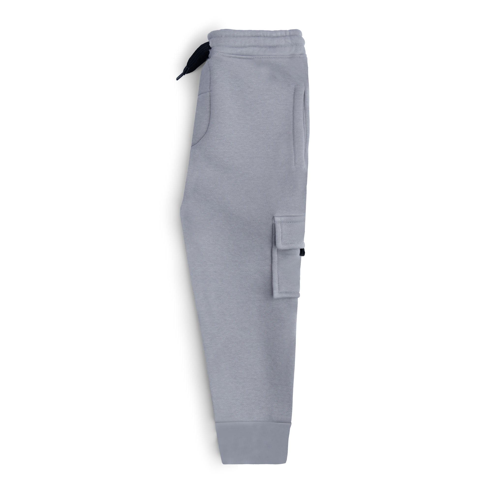 Side view of the light grey boys cargo joggers showing the side pocket, flap cargo pocket and ribbed ankle cuff.
