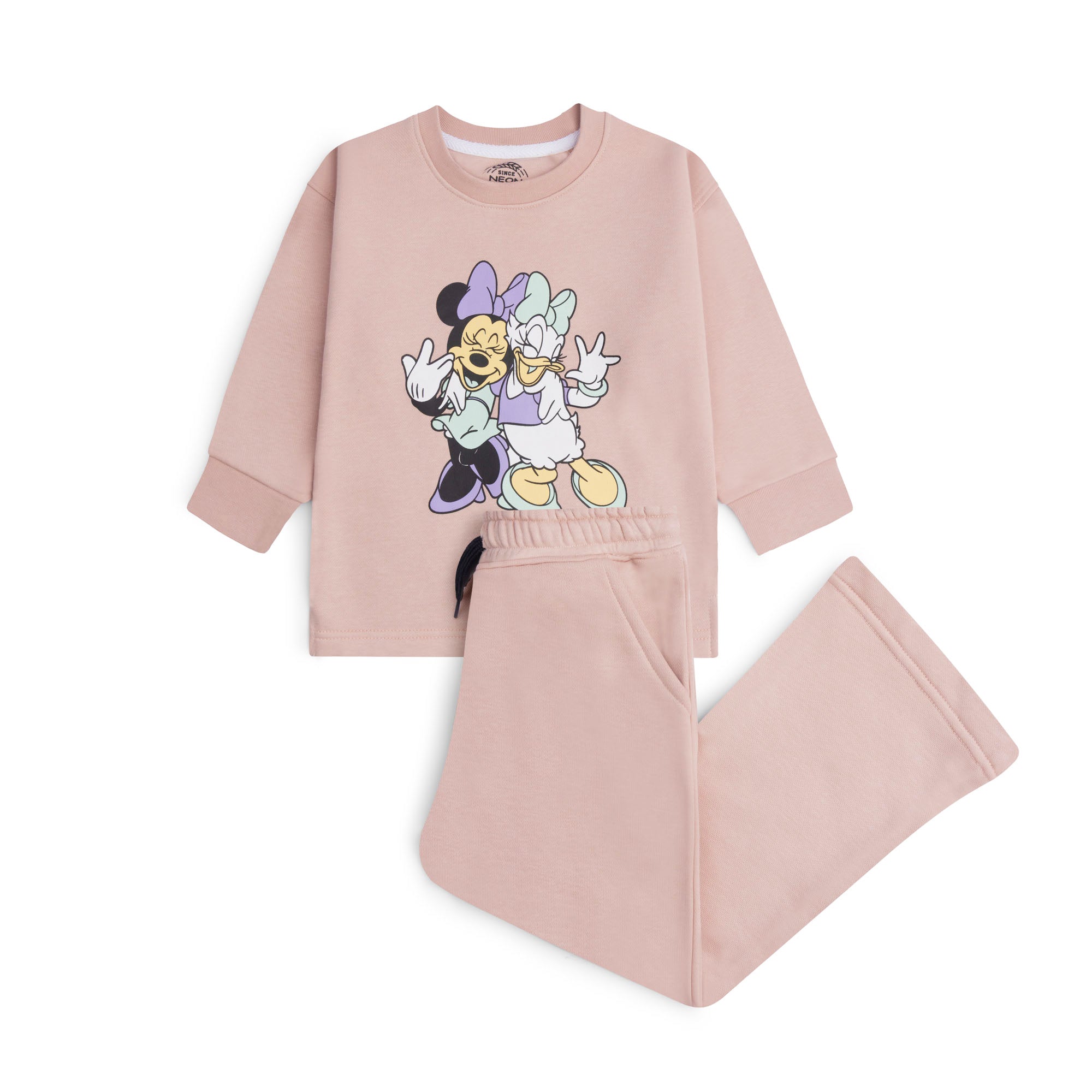 Girls pink fleece co-ord set featuring a Minnie Mouse and Daisy Duck graphic sweatshirt with matching wide-leg trousers.
