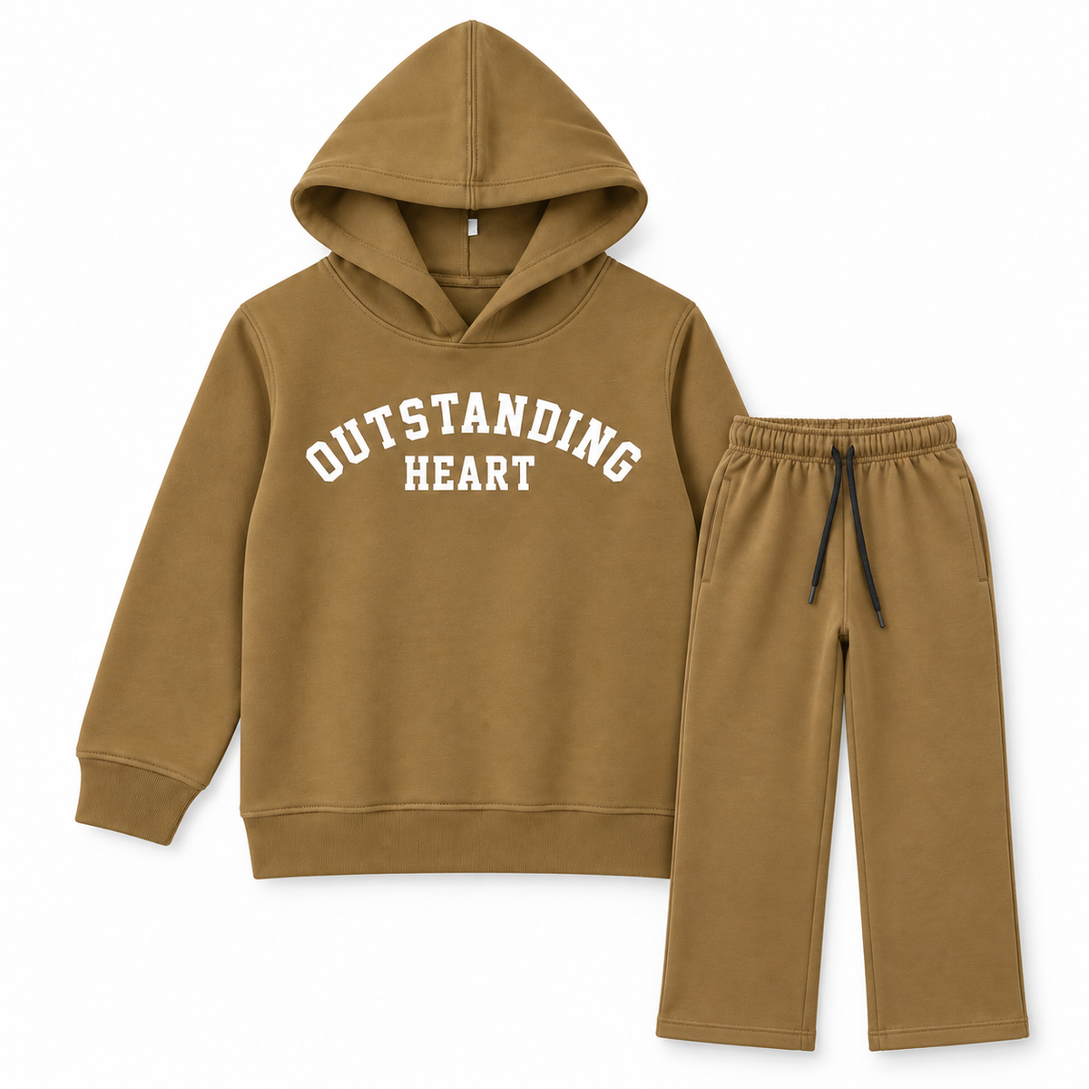 Girls camel brown fleece co-ord set with slogan hoodie and matching straight-leg trousers