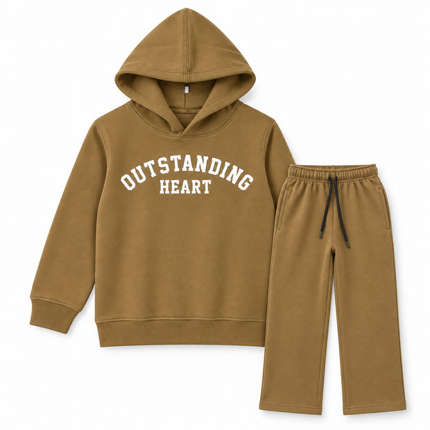 Girls camel brown fleece co-ord set with slogan hoodie and matching straight-leg trousers
