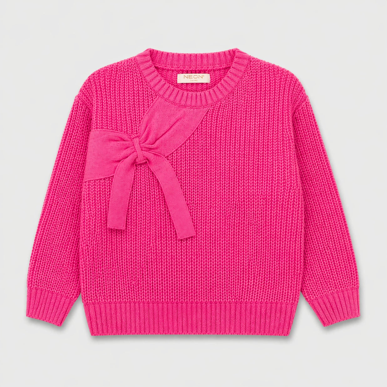 Front view of a hot pink girls sweater featuring a textured finish, decorative bow detail, round ribbed neckline and long sleeves.