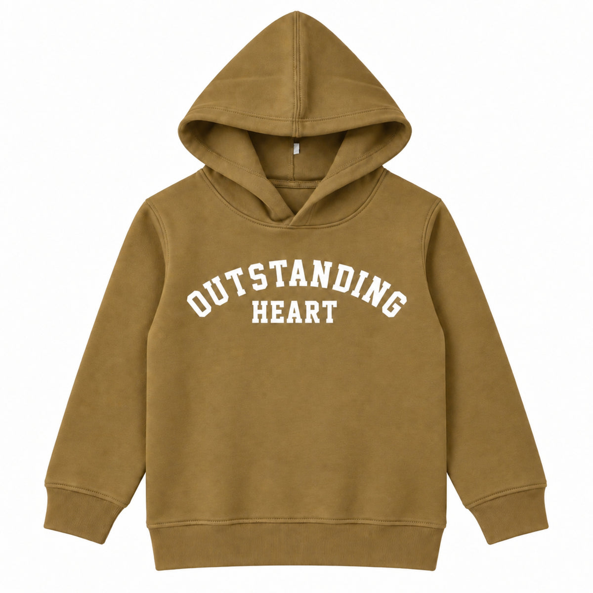 Front view of girls camel brown fleece hoodie with Outstanding Heart slogan print