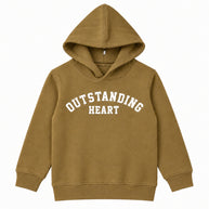 Front view of girls camel brown fleece hoodie with Outstanding Heart slogan print