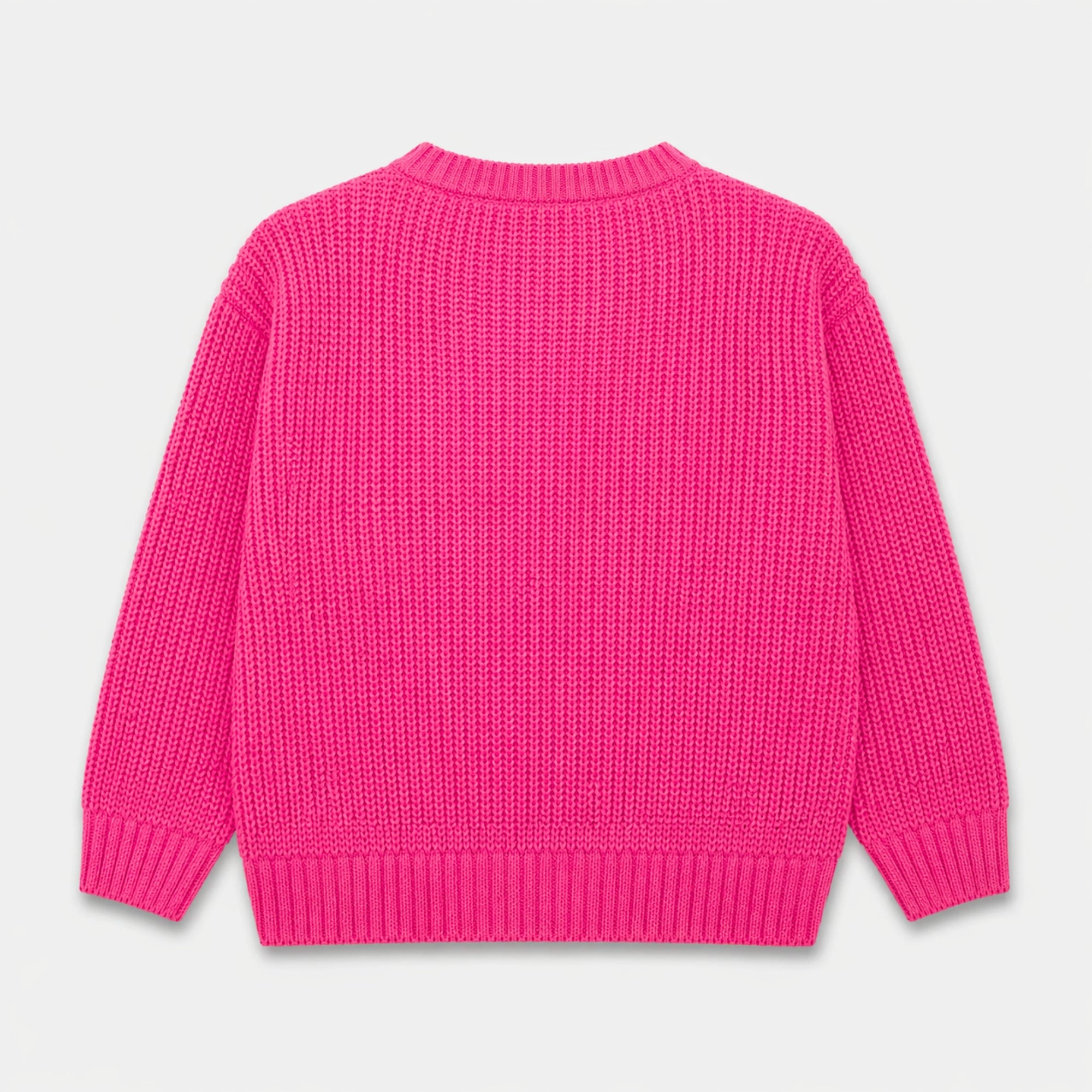 Back view of the hot pink girls acrylic sweater showing its plain textured design, long sleeves and ribbed cuffs and bottom.