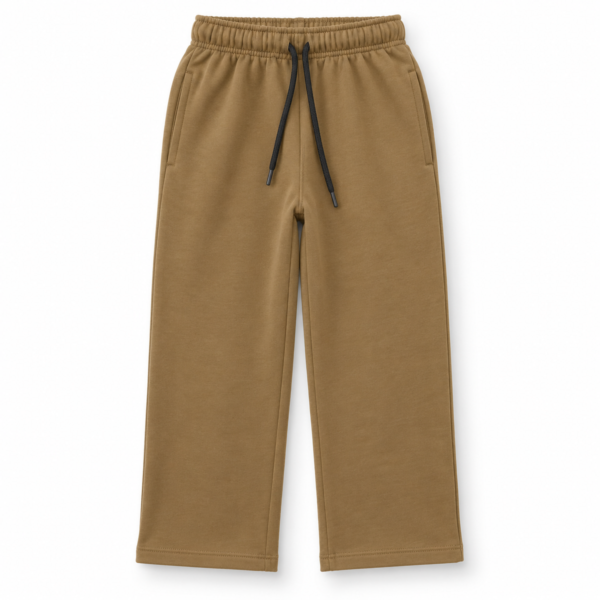 Front view of girls camel brown fleece trousers with side pockets and black drawstring waist