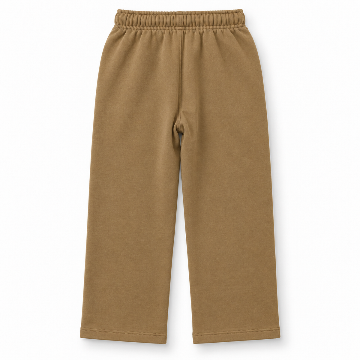 Back view of girls camel brown fleece straight-leg trousers with elasticated waistband
