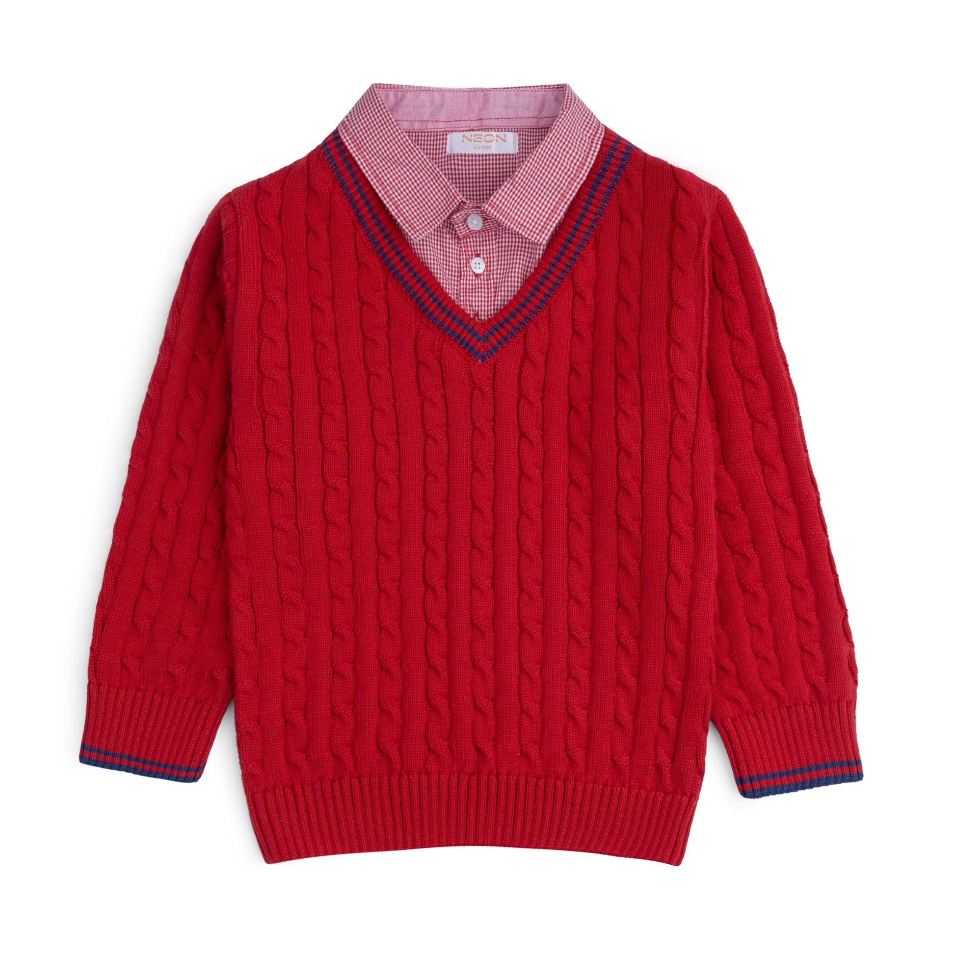 Boys red cotton sweater featuring cable details, an attached checked shirt collar, V-neck, navy stripes and ribbed edges.