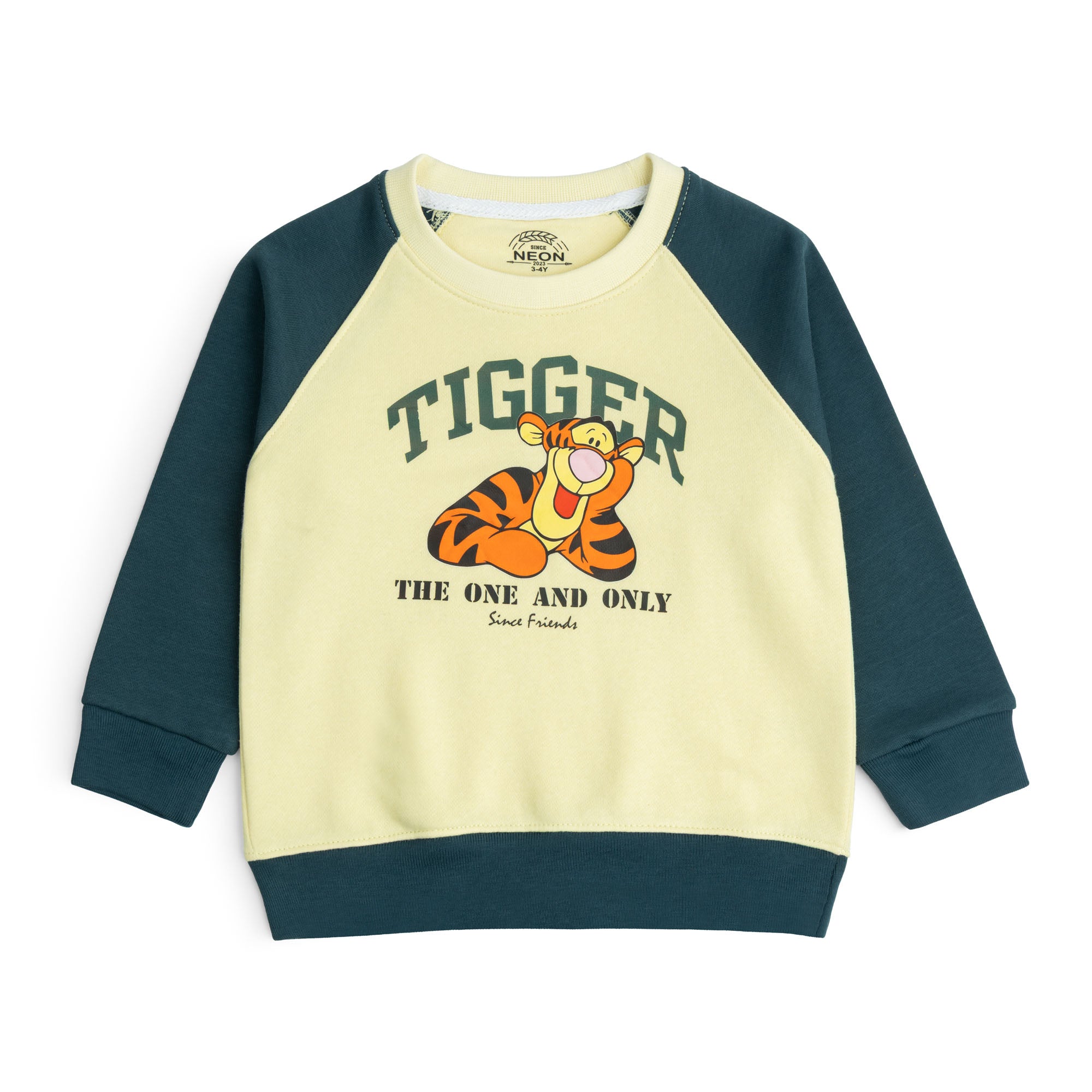 Cream fleece sweatshirt for boys featuring dark teal raglan sleeves, matching ribbed trims and a colorful Tiger graphic on the front.