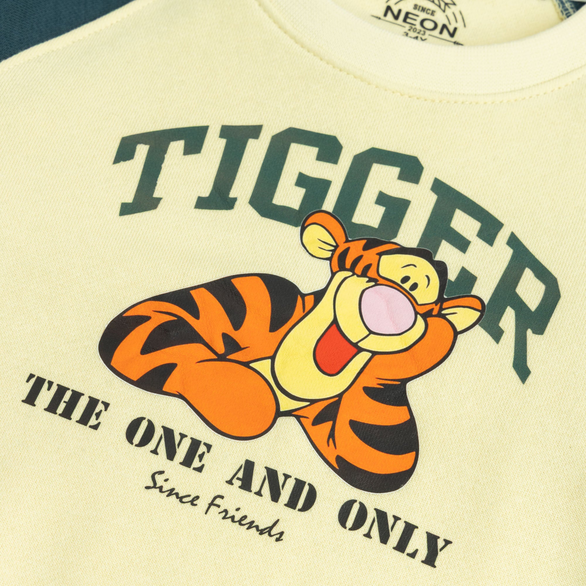 Close-up of the orange Tiger character and slogan graphic printed on the boys cream fleece sweatshirt.