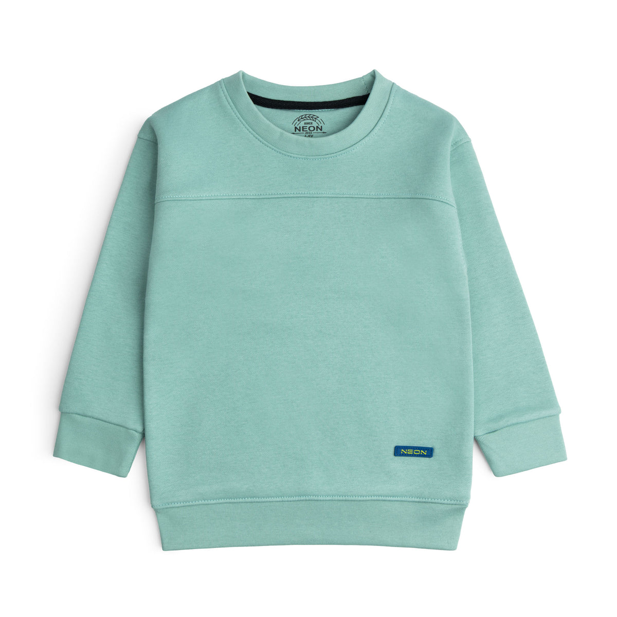 Mint green fleece sweatshirt for boys and girls featuring a front yoke seam, NEON logo patch and ribbed neckline, cuffs and hem.