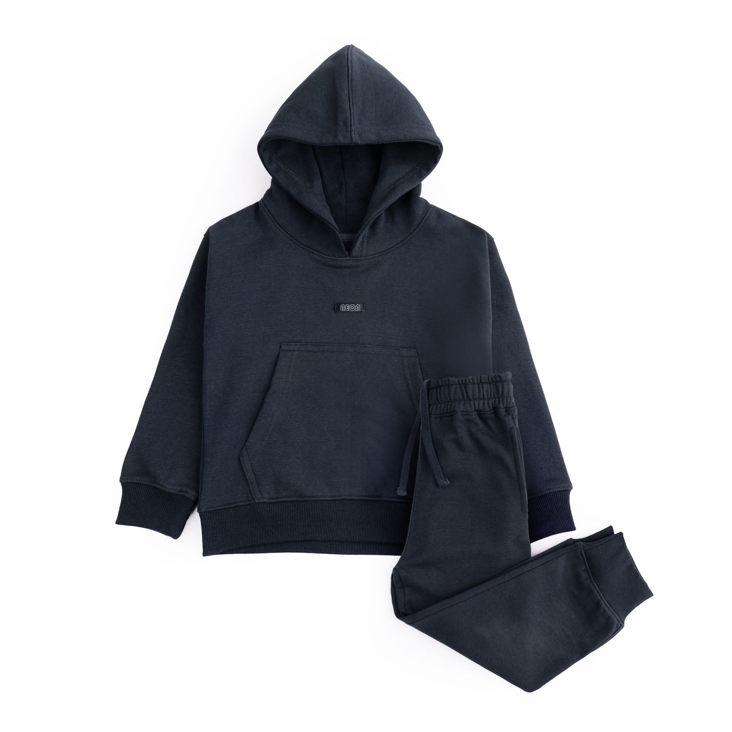 Girls charcoal grey fleece co-ord set featuring a pullover hoodie with an attached hood and kangaroo pocket, paired with matching drawstring joggers.