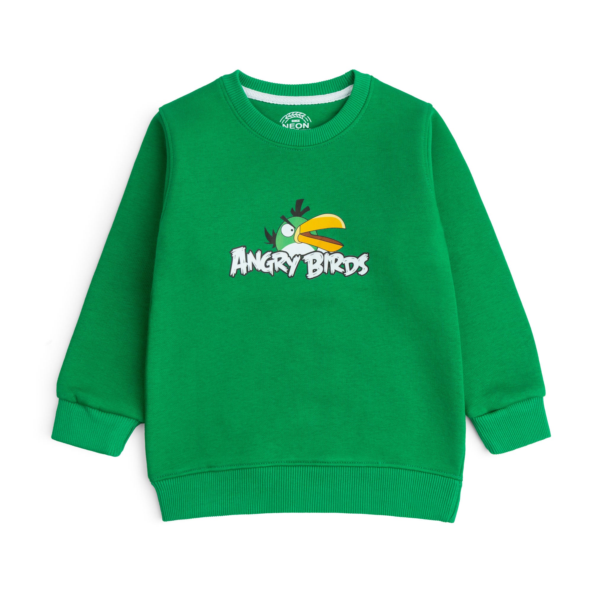 Boys green fleece sweatshirt featuring an Angry Birds graphic print, classic crew neck, long sleeves, ribbed cuffs and ribbed hem.