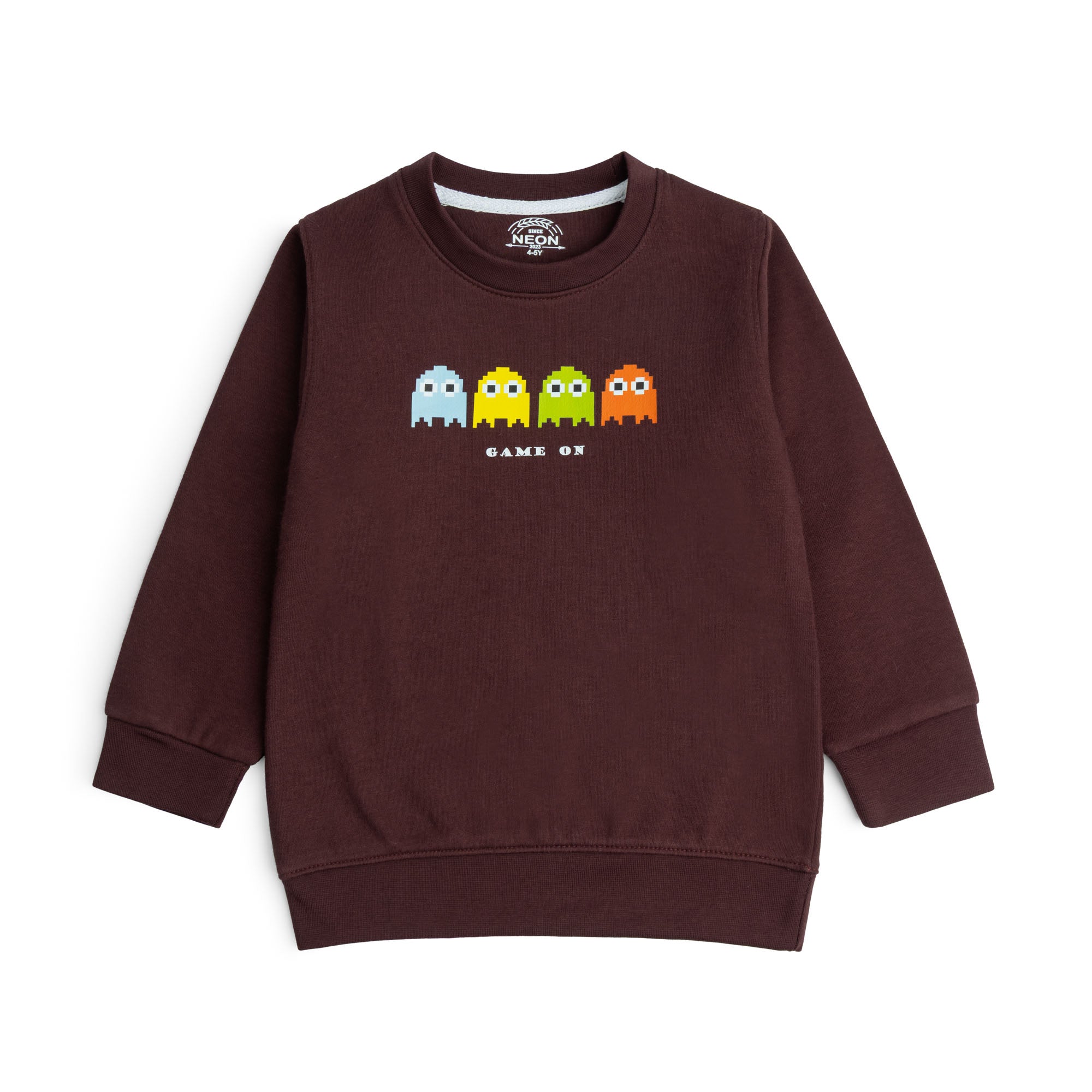 Burgundy fleece sweatshirt for boys featuring a colorful pixel-style Game On graphic and ribbed neckline, cuffs and hem.