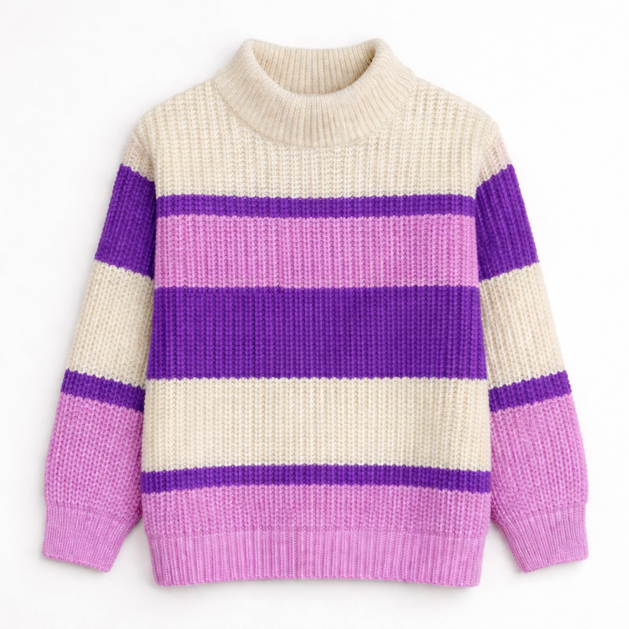 Front view of a girls striped mock-neck sweater featuring a textured knit design in cream, purple and orchid pink, with long sleeves and ribbed edges.