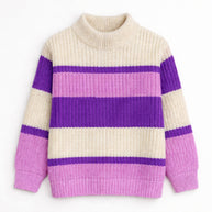 Front view of a girls striped mock-neck sweater featuring a textured knit design in cream, purple and orchid pink, with long sleeves and ribbed edges.