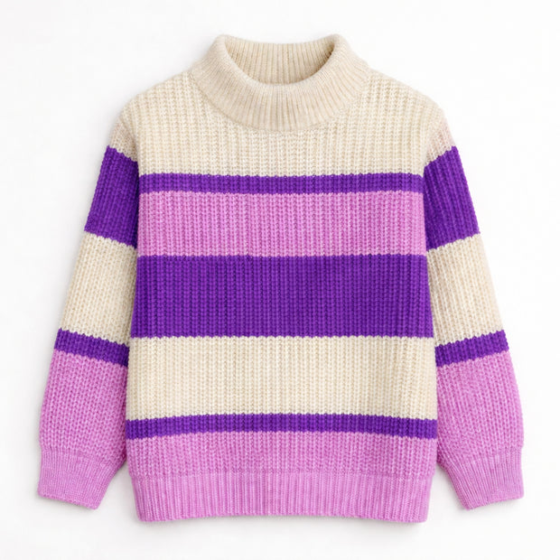 Front view of a girls striped mock-neck sweater featuring a textured knit design in cream, purple and orchid pink, with long sleeves and ribbed edges.