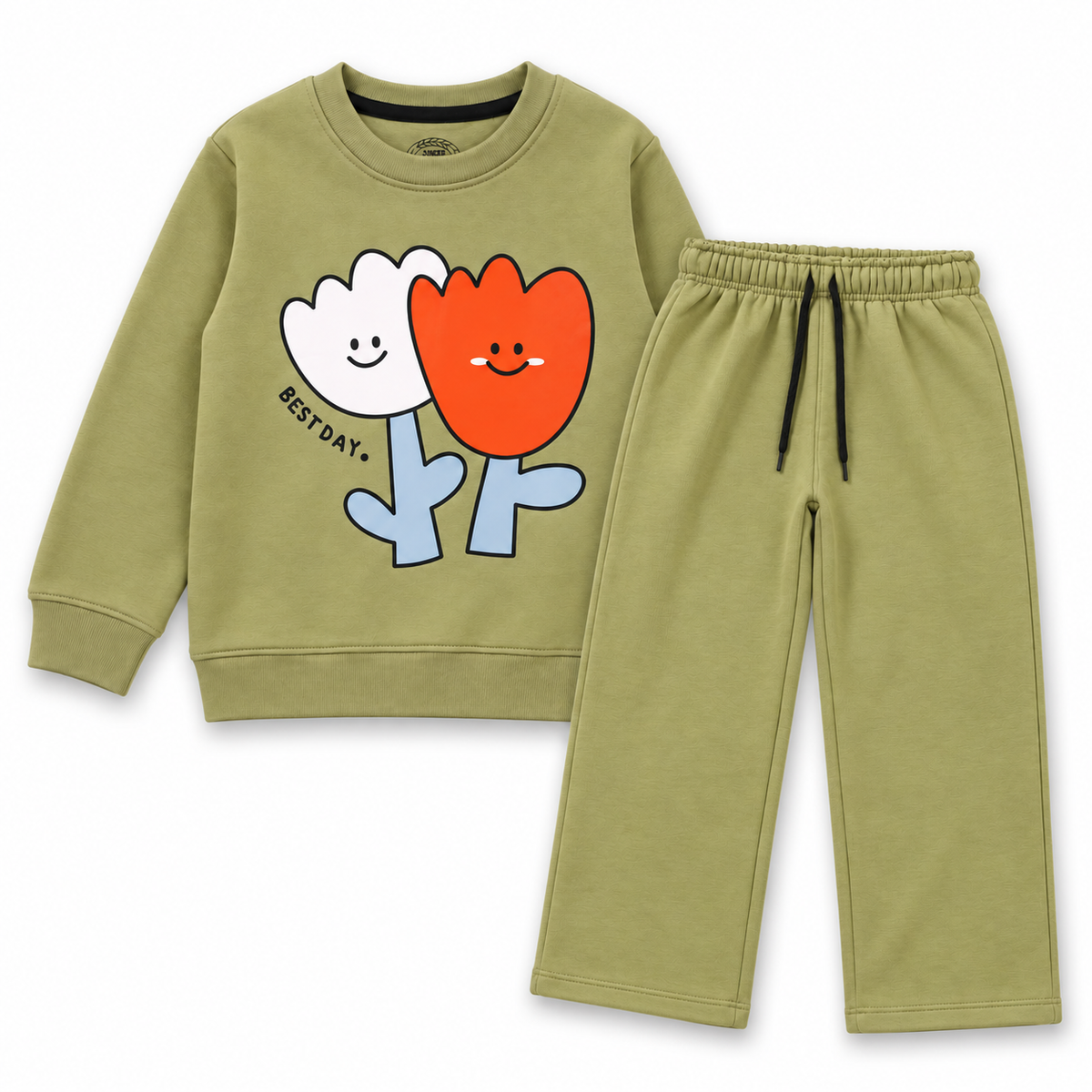 Girls olive green fleece co-ord set with floral graphic sweatshirt and matching straight-leg trousers